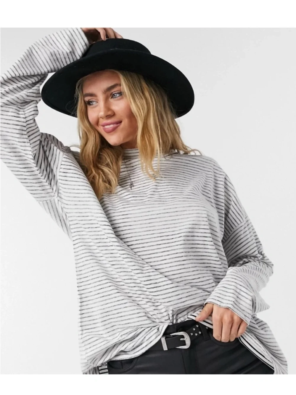 Free People Be Free MockNeck Striped Top - White‎ & Black XS Oversized